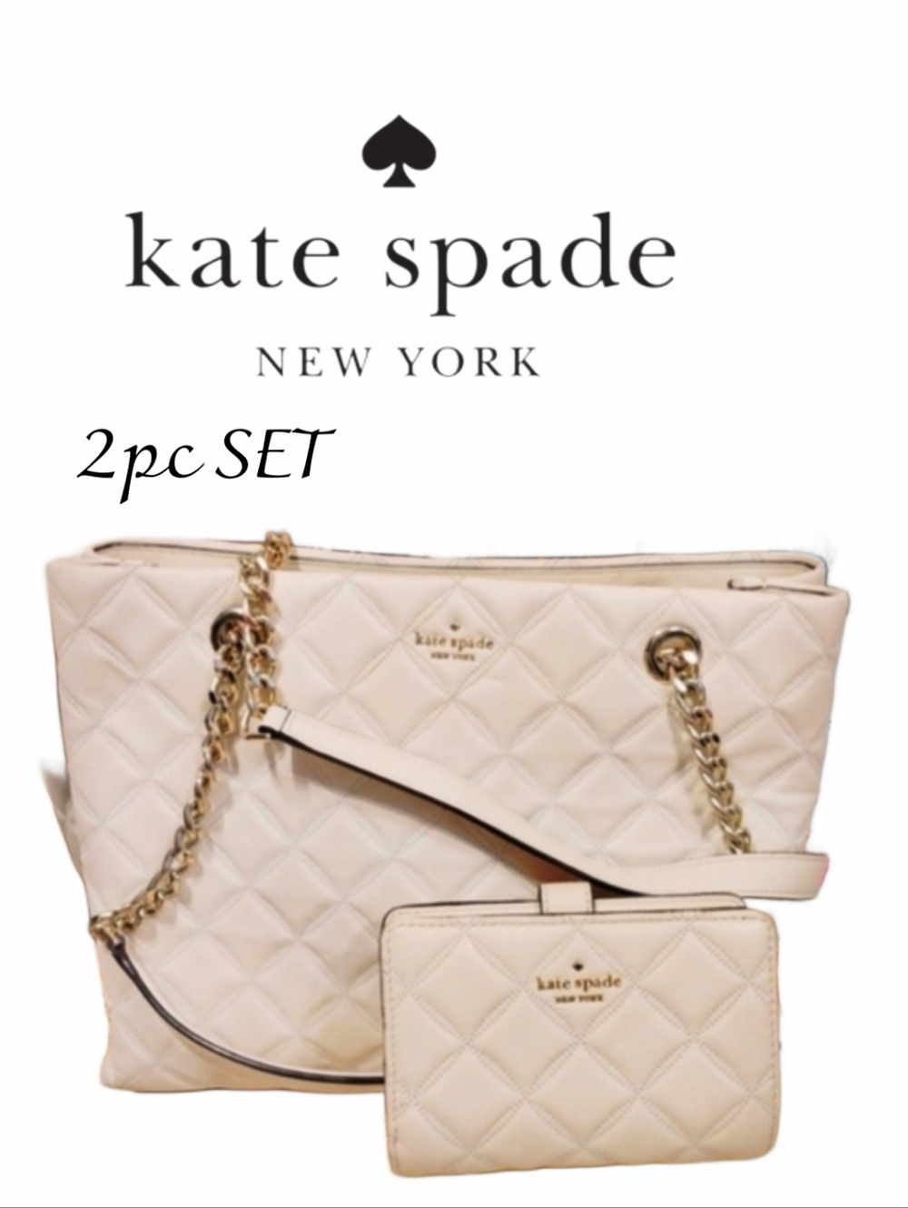 2pc Set Kate Spade LEATHER QUILTED NEW YORK Tote Purse BAG W/ Matching Wallet